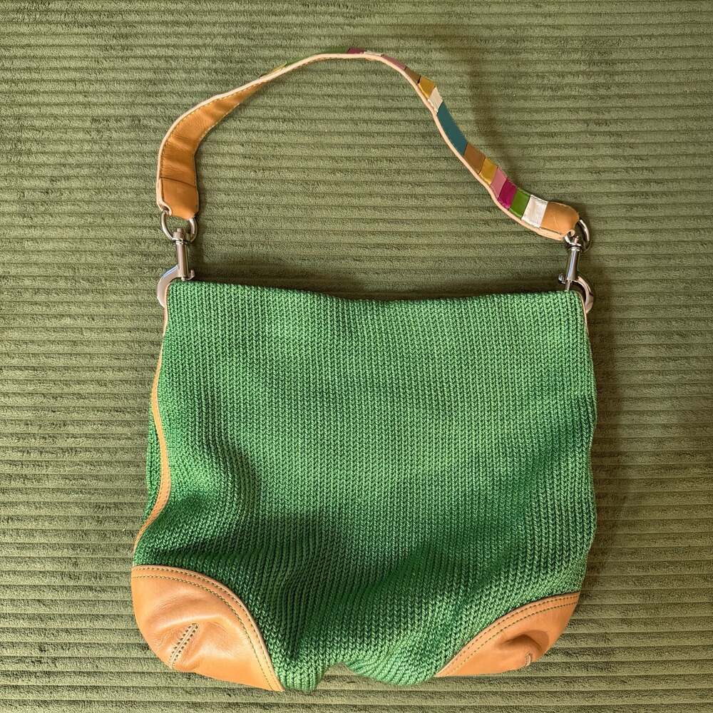 The Sak Pink Label Green Woven Shoulder Bag Rainbow Strap Y2K Kidcore
